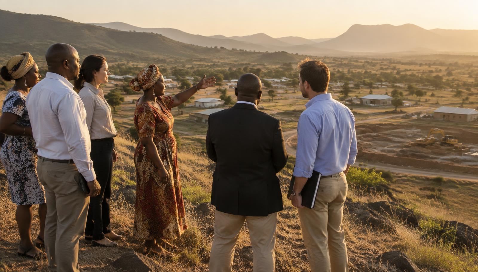 Community and development partners overlooking a rural development area